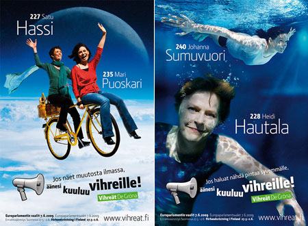 Campaign posters for successful Finnish Greens, Satu Hassi and Heidi Hautala