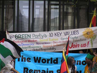 The Green Party Ten Key Values are held high at the Peopleís March on September 25th to protest the G20 Economic Summit in Pittsburgh, Pennsylvania. Photo by Mark Child