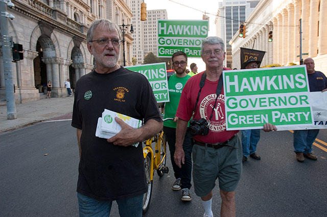 Howie Hawkins marches with Jon Flanders (right) at a Labor Day Parade in Albany, New York, 2014. Photo: David Doonan